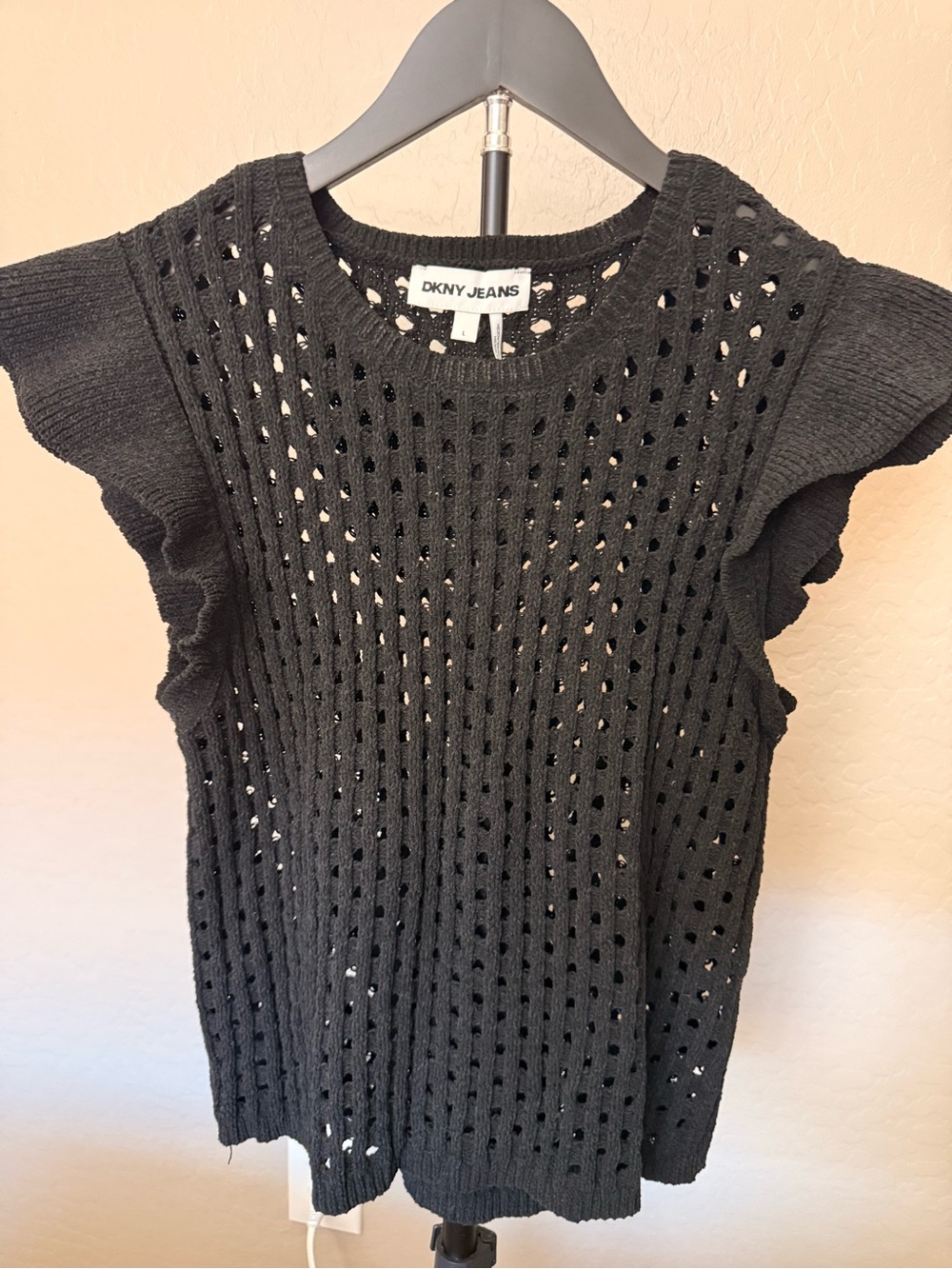 Dkny Black Knit Eyelet Ruffle Sleeve Dress